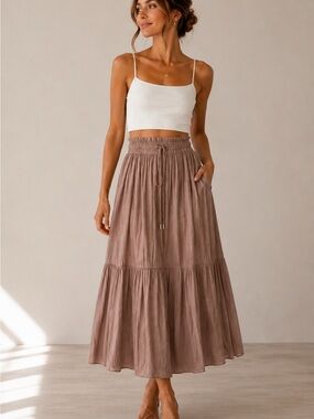 Mason d’ Amelia Smocked Waist Maxi Skirt in Brown.